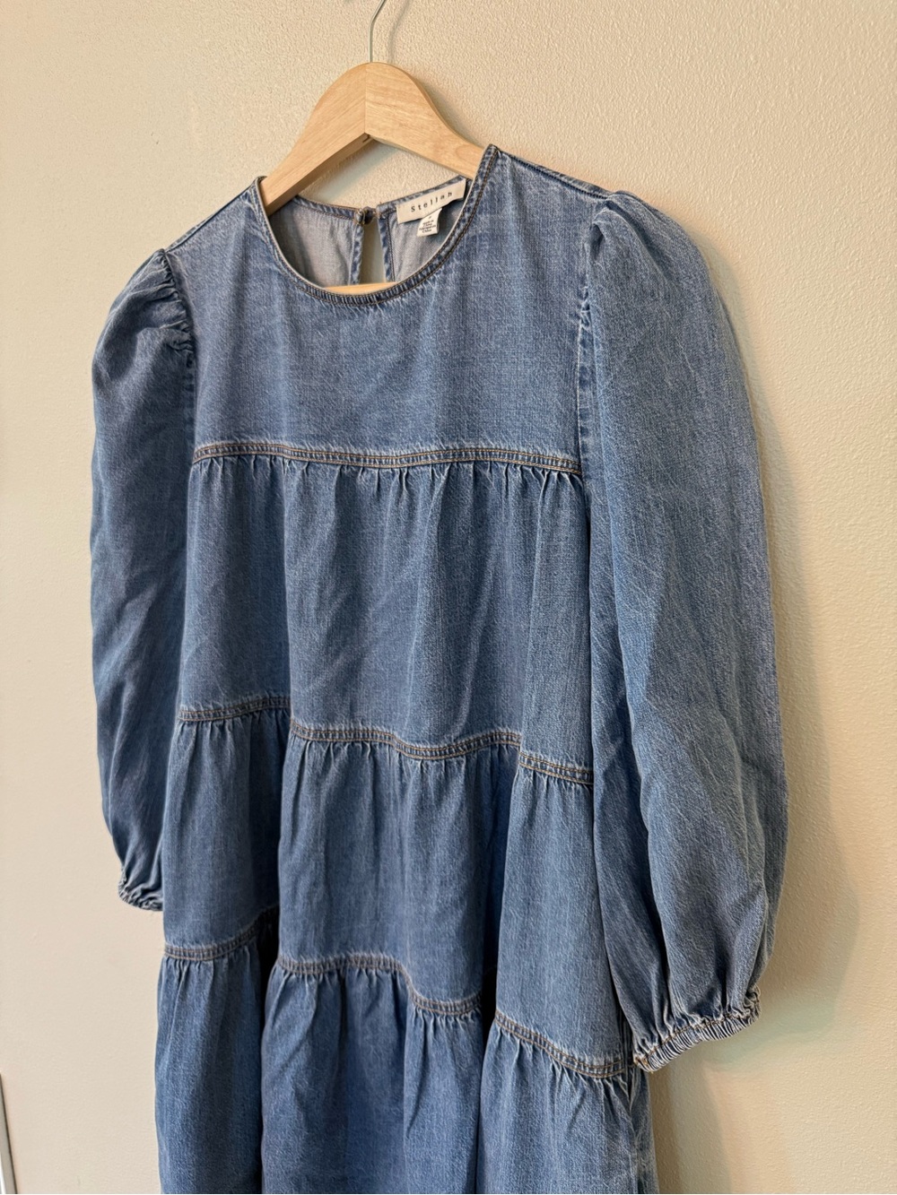 Stellah Tiered Denim Mini Dress Blue Puff Sleeve Babydoll Size S - Picture 5 of 8